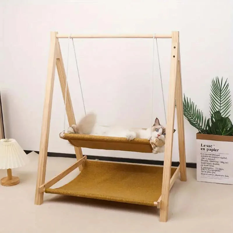 Cozy Dual-Level Wooden Cat Swing Bed for All-Season Use