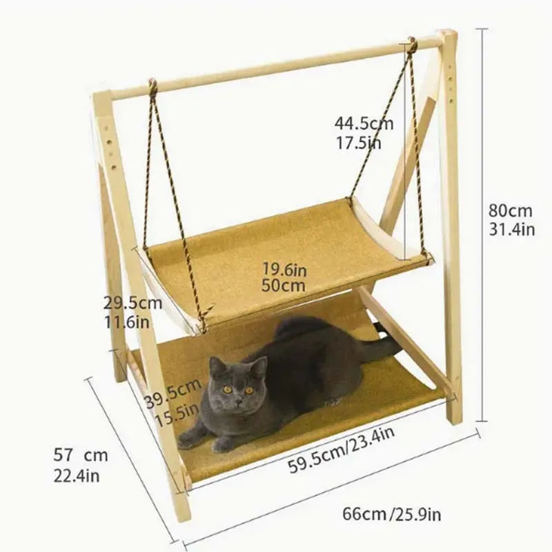 Cozy Dual-Level Wooden Cat Swing Bed for All-Season Use