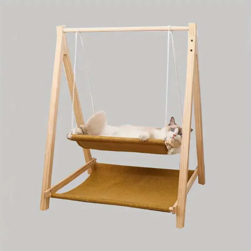 Cozy Dual-Level Wooden Cat Swing Bed for All-Season Use