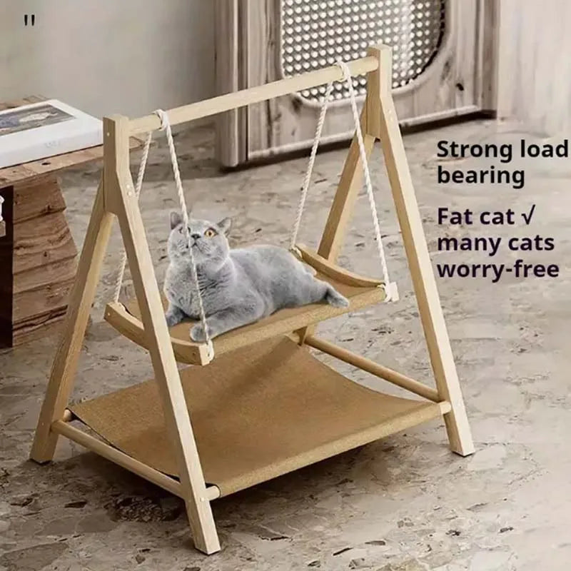 Cozy Dual-Level Wooden Cat Swing Bed for All-Season Use