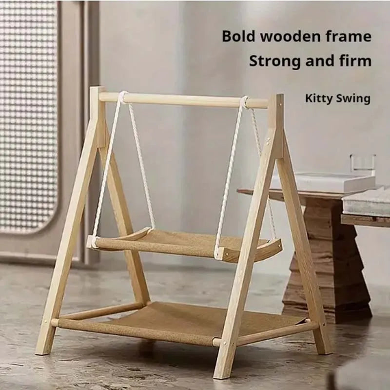 Cozy Dual-Level Wooden Cat Swing Bed for All-Season Use