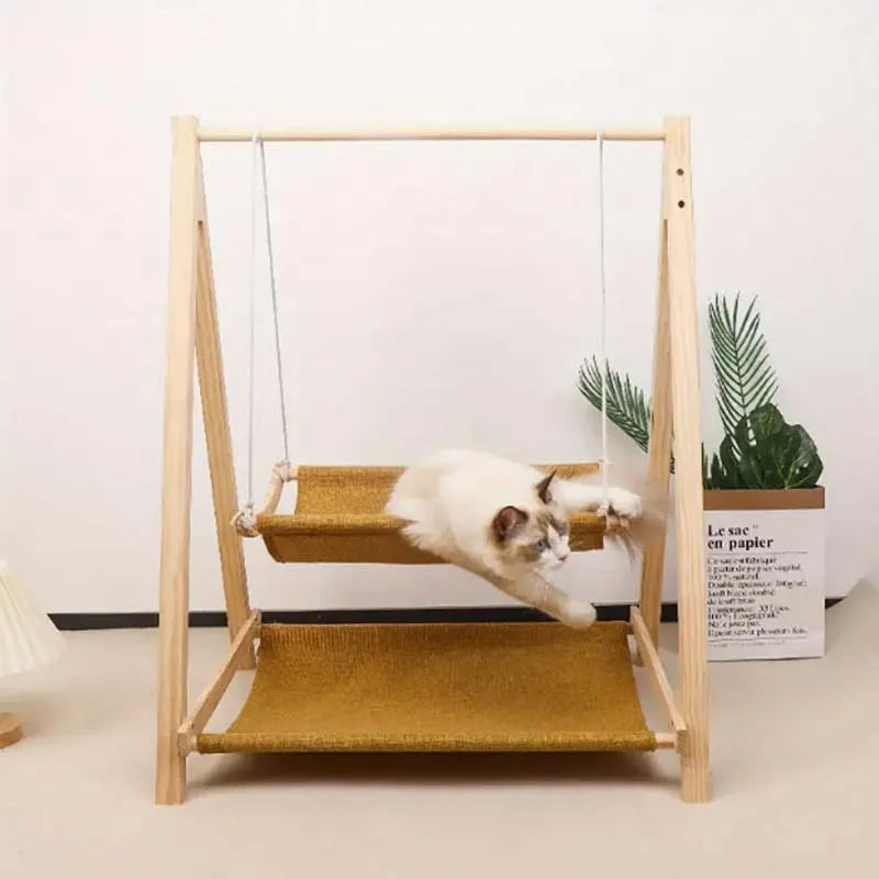 Cozy Dual-Level Wooden Cat Swing Bed for All-Season Use
