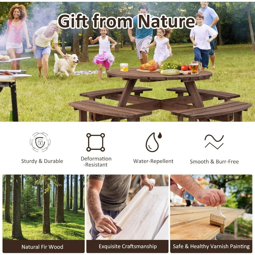 8 Person Wood 4 Built-in Benches Umbrella Hole Table