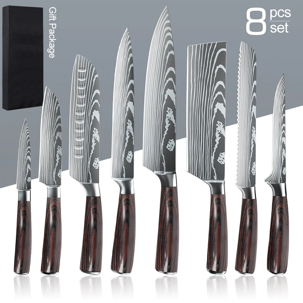 1-10PCS Knife Set, Damascus Pattern Stainless Steel