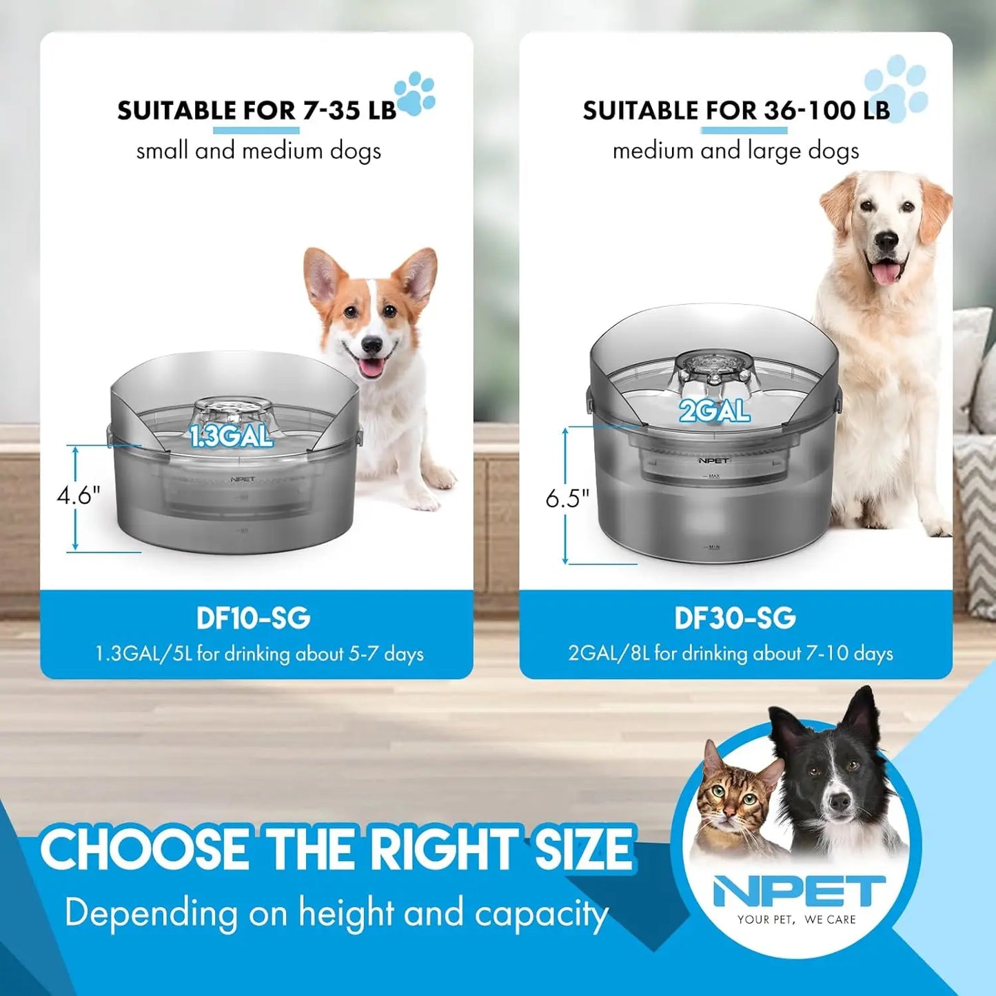 NPET DF30 Dog Water Fountain 2 Gallon Automatic Bowl