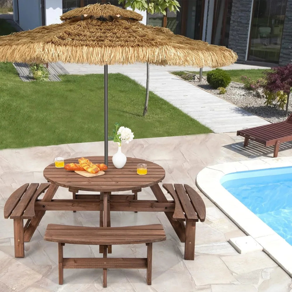8 Person Wood 4 Built-in Benches Umbrella Hole Table