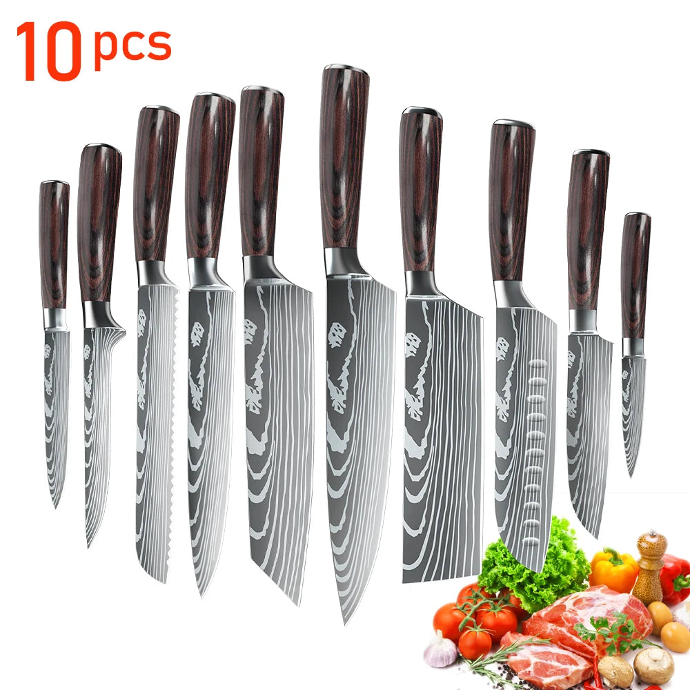 1-10PCS Knife Set, Damascus Pattern Stainless Steel