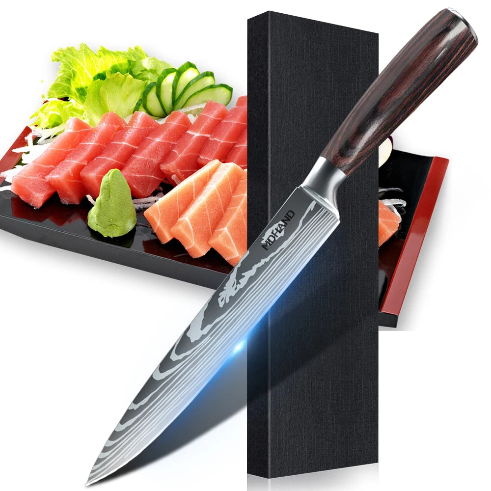 1-10PCS Knife Set, Damascus Pattern Stainless Steel