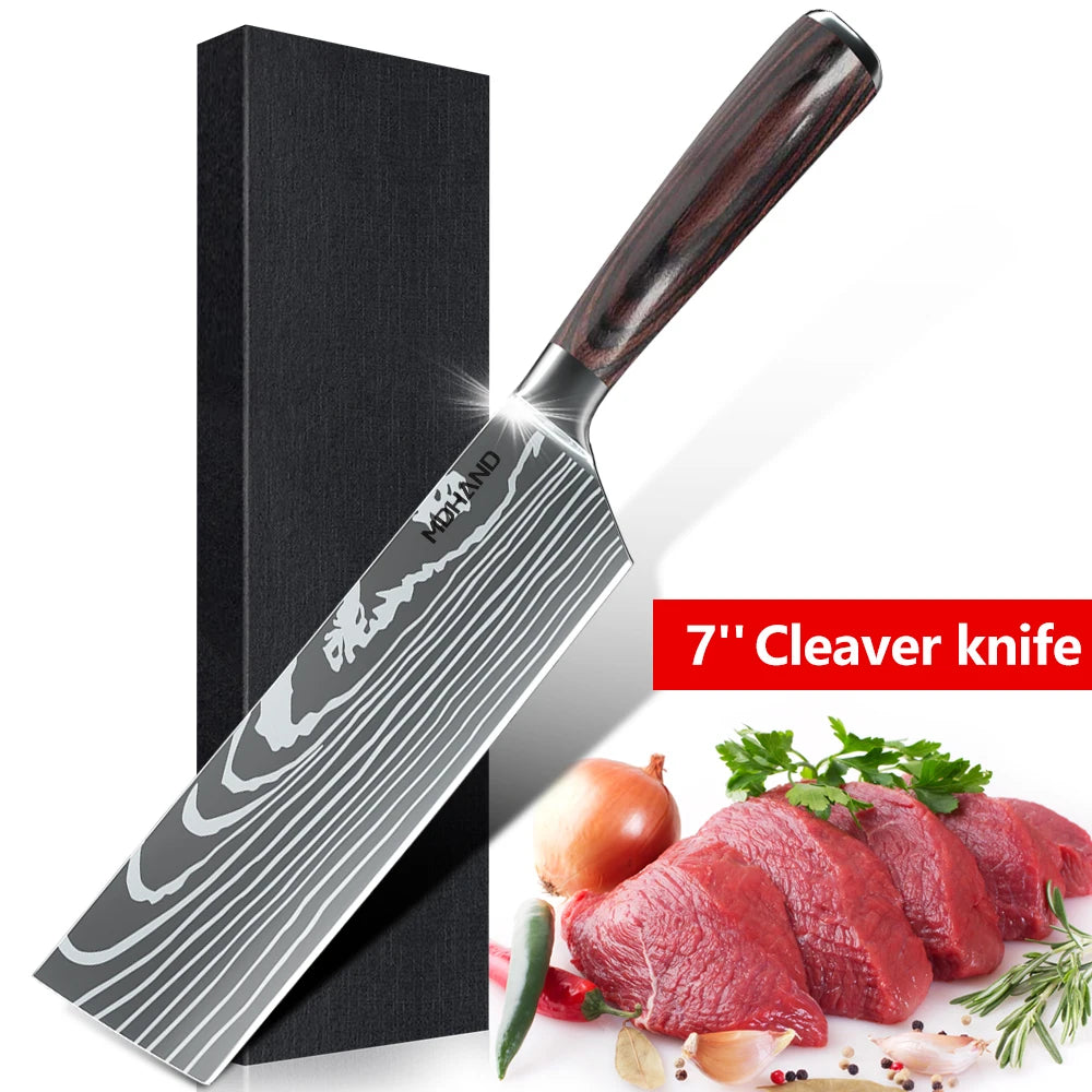 1-10PCS Knife Set, Damascus Pattern Stainless Steel
