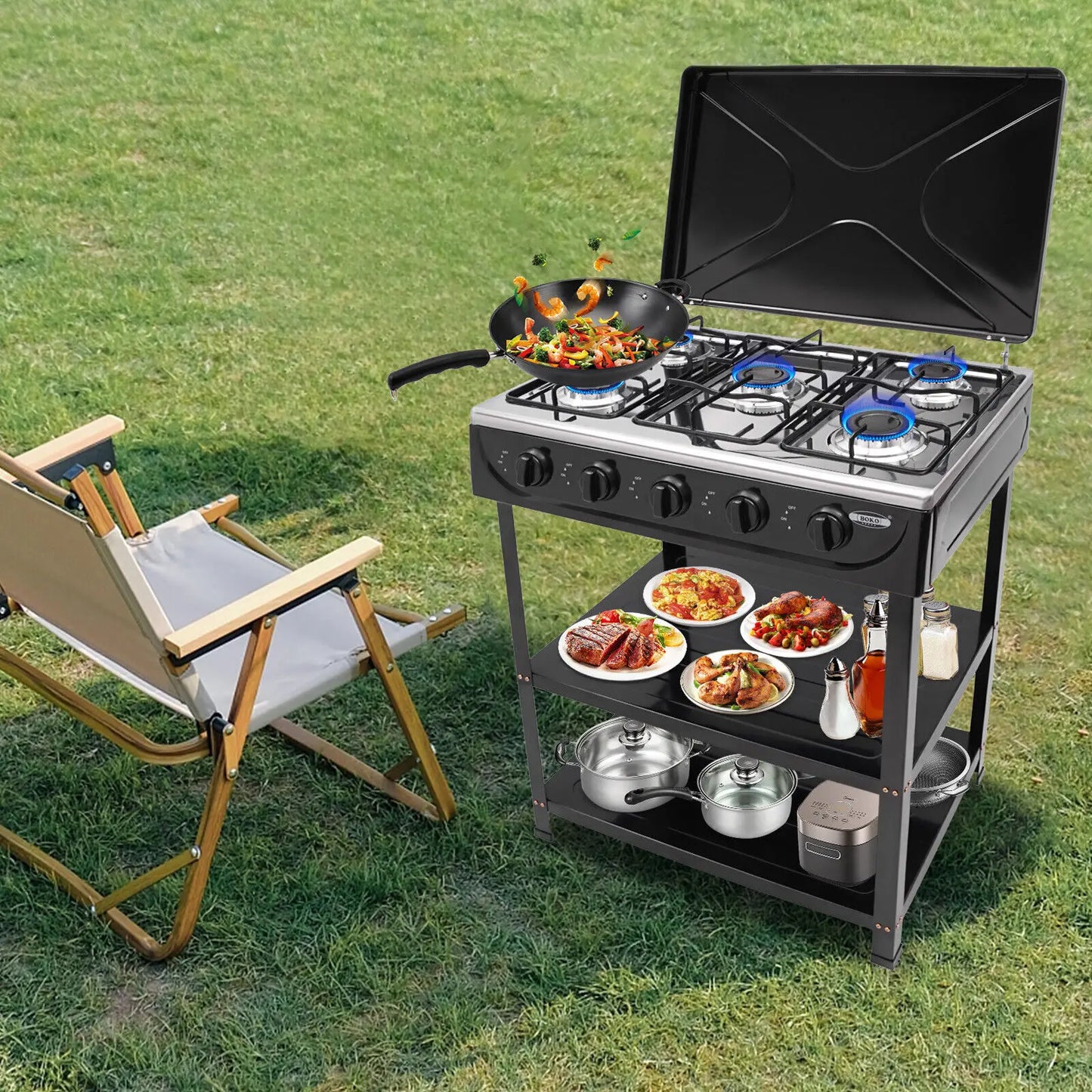 Five Burner Gas Stove Outdoor Camping Grill With Storage Rack