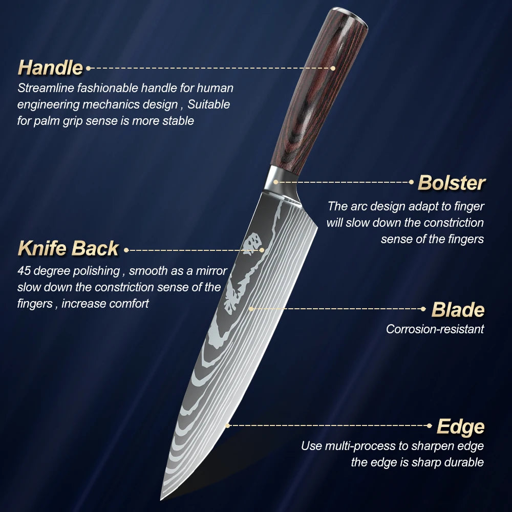 1-10PCS Knife Set, Damascus Pattern Stainless Steel