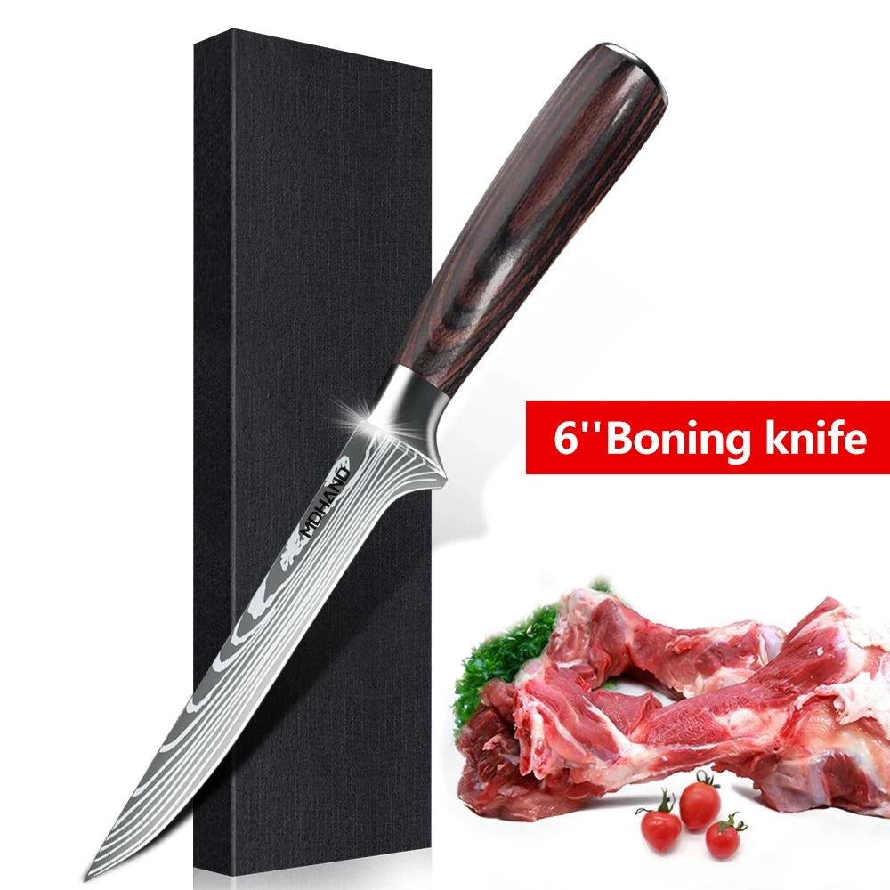 1-10PCS Knife Set, Damascus Pattern Stainless Steel