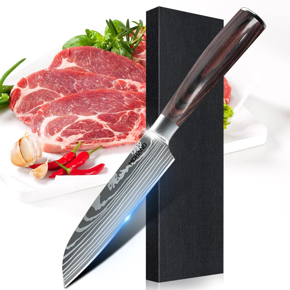 1-10PCS Knife Set, Damascus Pattern Stainless Steel