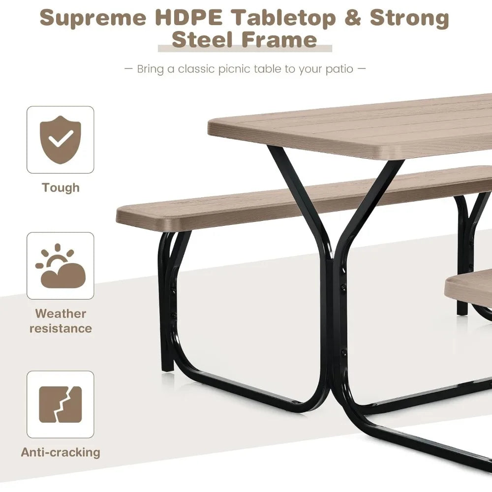 Plastic Table w/Steel Frame & Wood-Like Texture