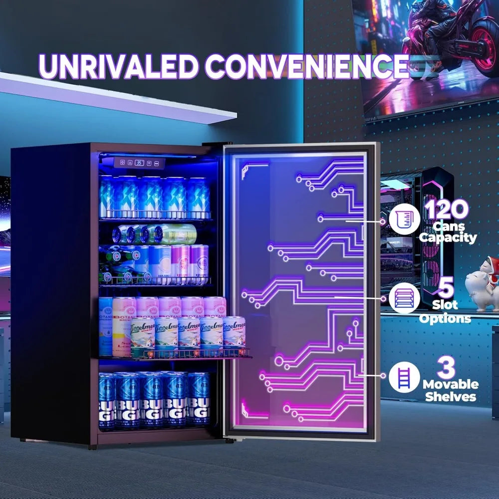 120 Can Beverage Refrigerator w/LED Lighting Door Design
