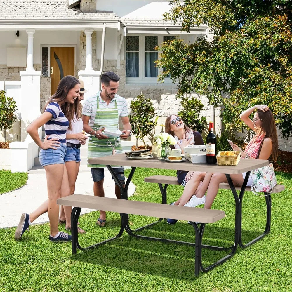 Plastic Table w/Steel Frame & Wood-Like Texture