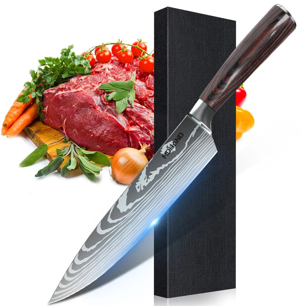 1-10PCS Knife Set, Damascus Pattern Stainless Steel