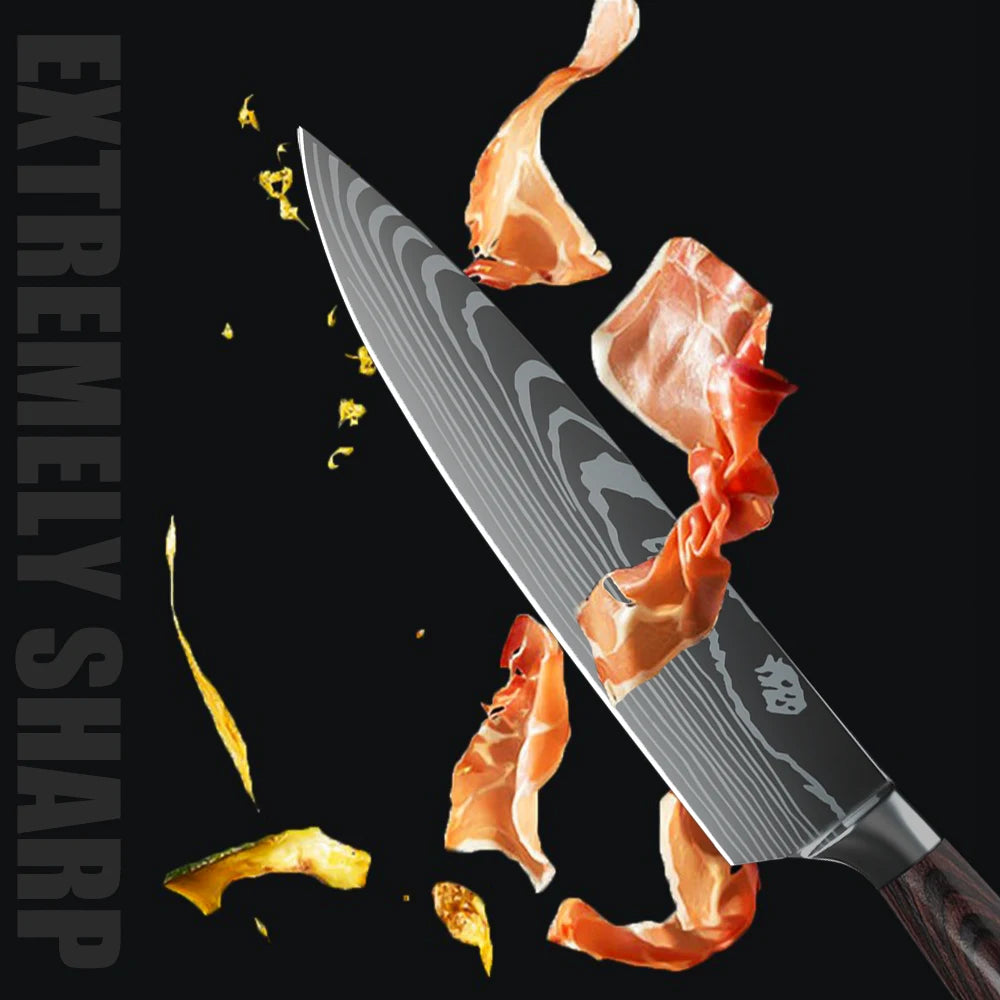 1-10PCS Knife Set, Damascus Pattern Stainless Steel