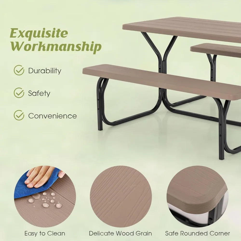 Plastic Table w/Steel Frame & Wood-Like Texture