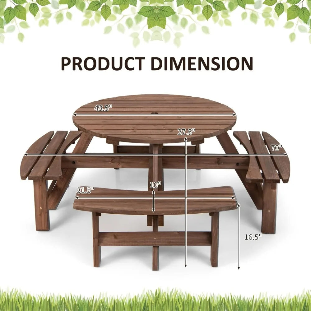 8 Person Wood 4 Built-in Benches Umbrella Hole Table