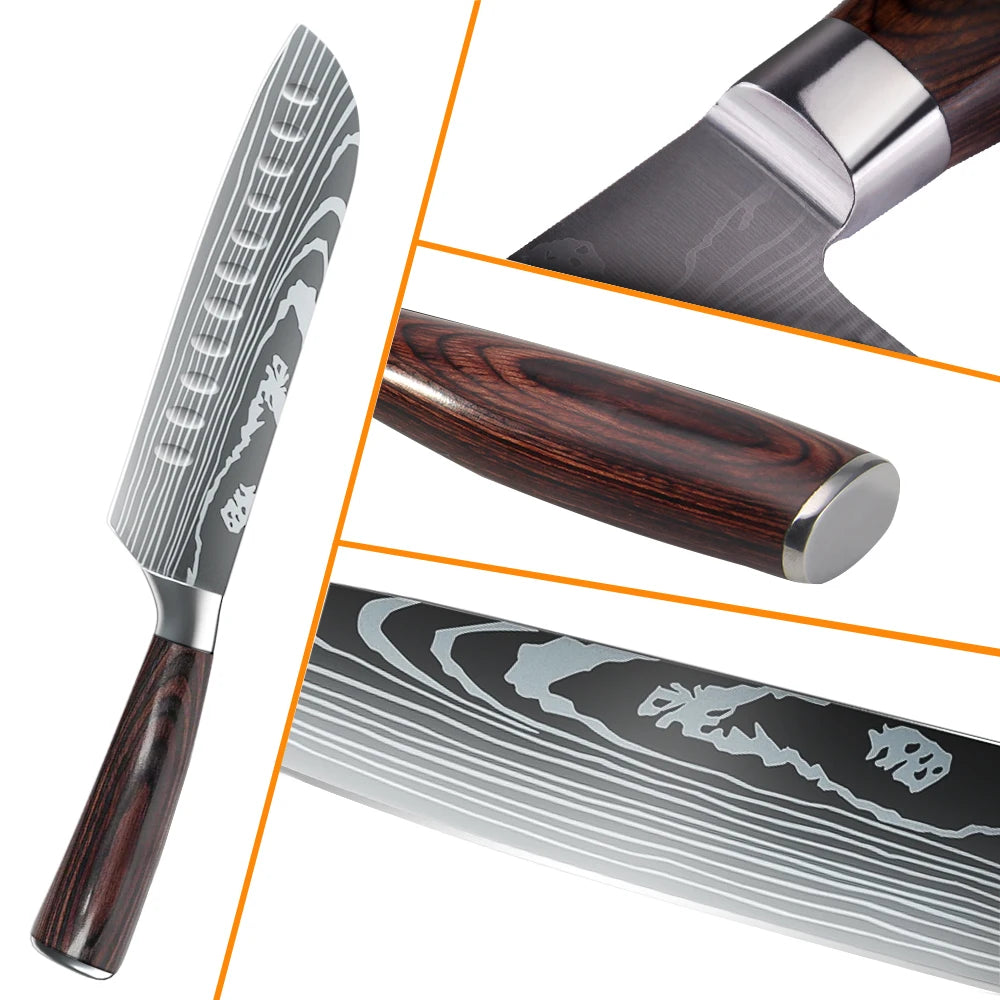 1-10PCS Knife Set, Damascus Pattern Stainless Steel