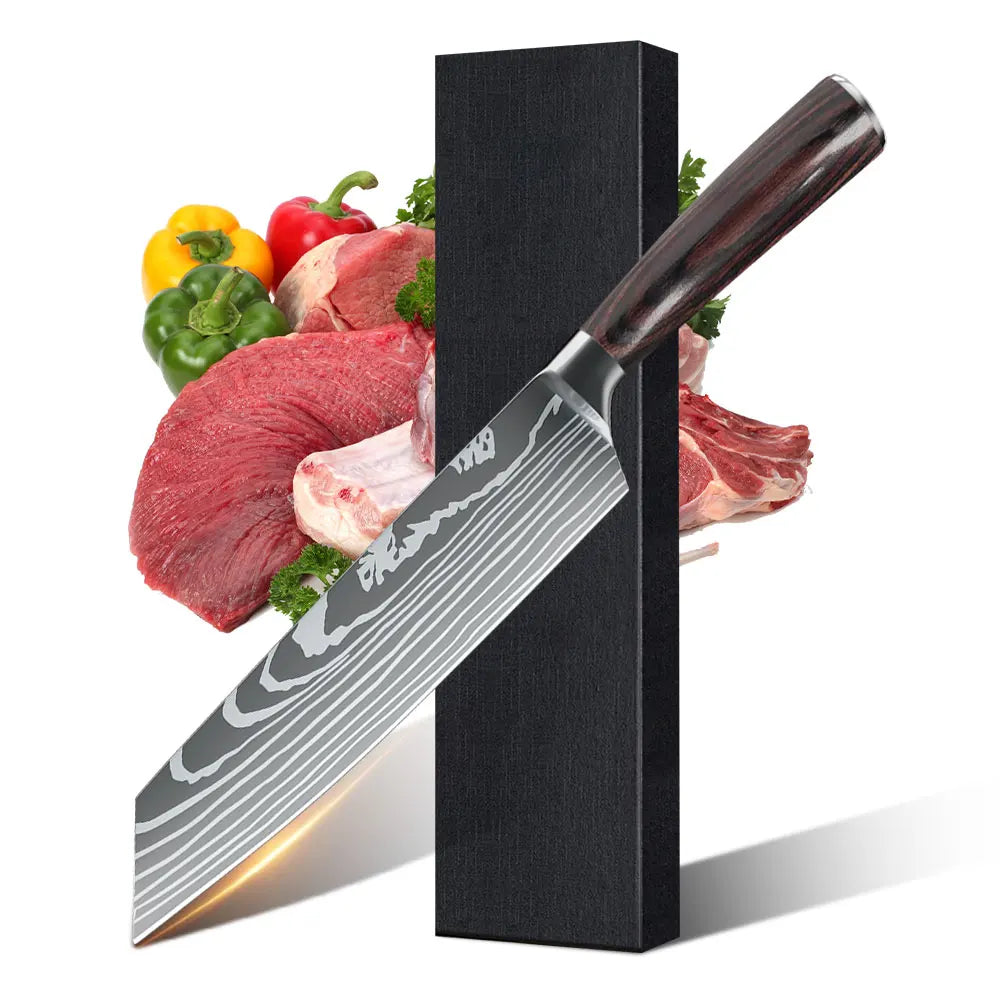 1-10PCS Knife Set, Damascus Pattern Stainless Steel