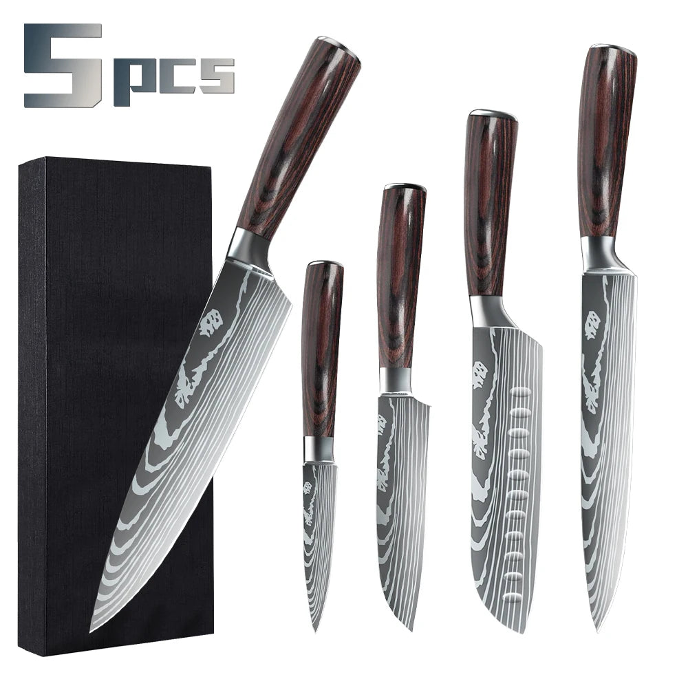 1-10PCS Knife Set, Damascus Pattern Stainless Steel