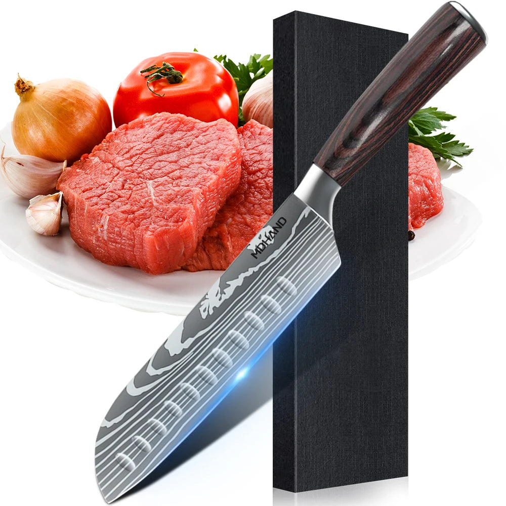 1-10PCS Knife Set, Damascus Pattern Stainless Steel