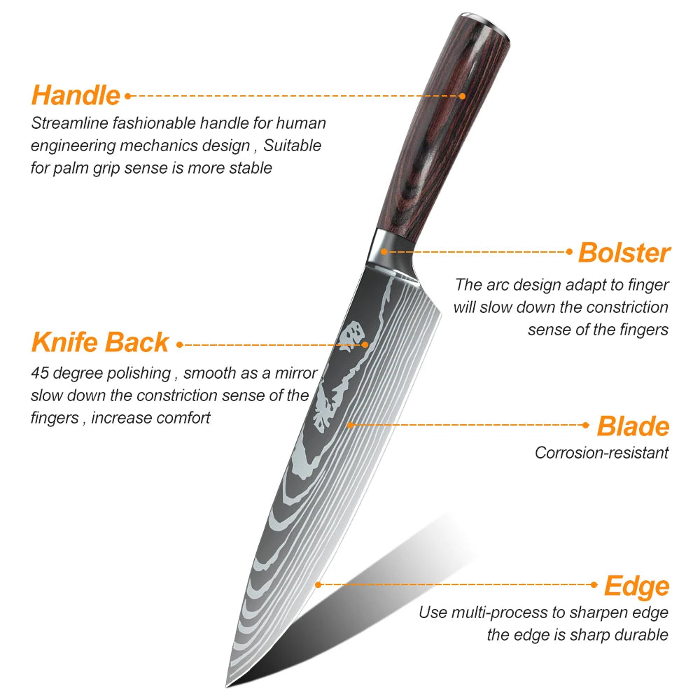 1-10PCS Knife Set, Damascus Pattern Stainless Steel