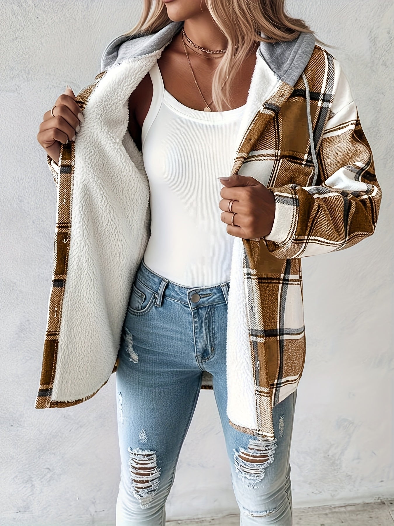 CHICME Plaid Hooded Jacket With Fleece Lining Cozy Winter Coat Machine Washable