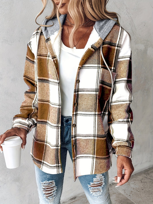 Plaid Pattern Long Sleeve Shacket With Fleece Hooded Coat