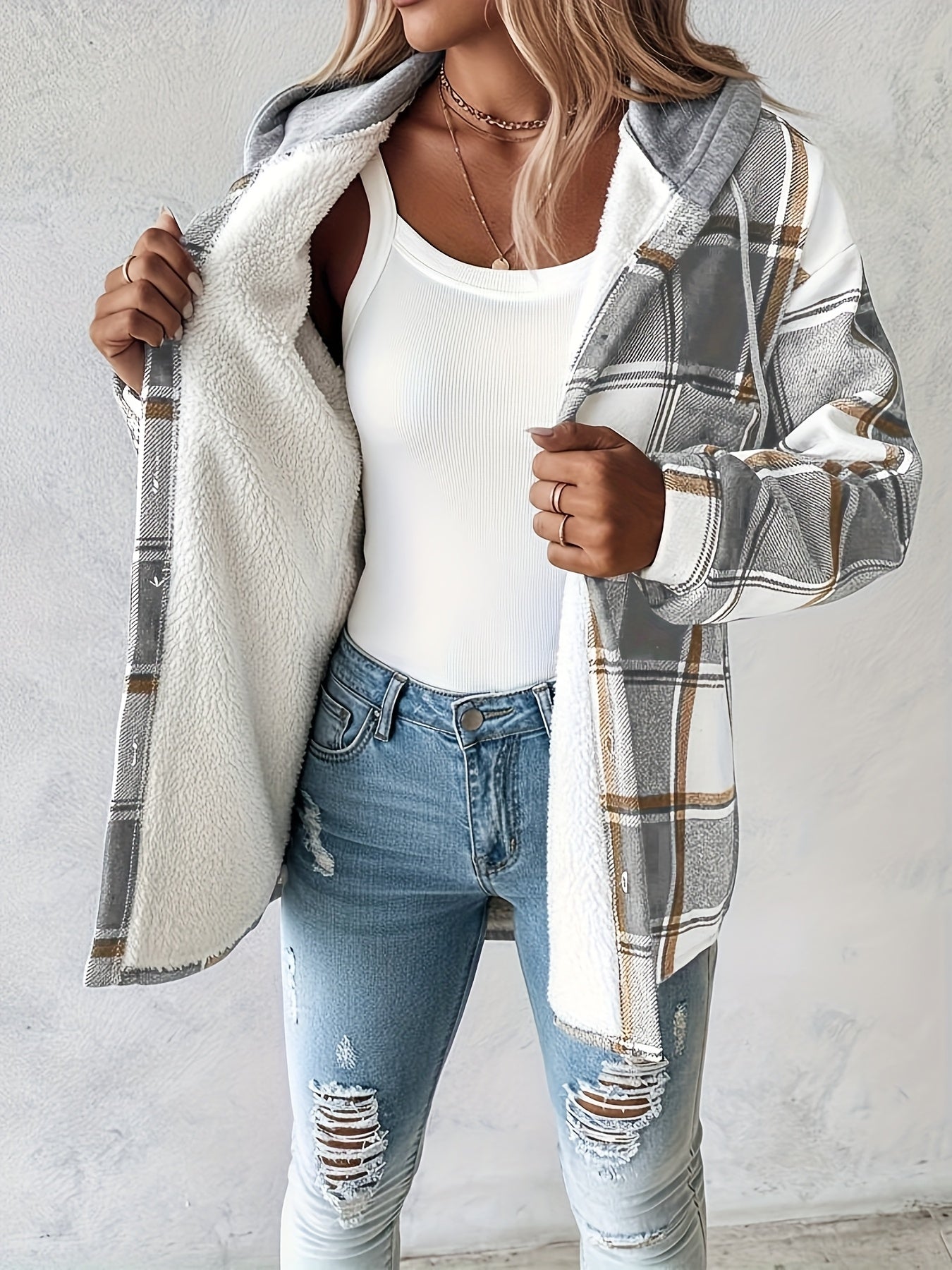 CHICME Plaid Hooded Jacket With Fleece Lining Cozy Winter Coat Machine Washable