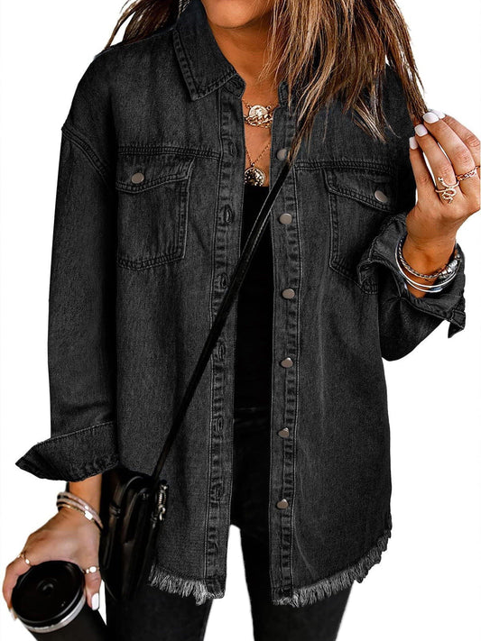 ELESOL 2024 Womens Ripped Blue Denim Jacket Long Sleeve