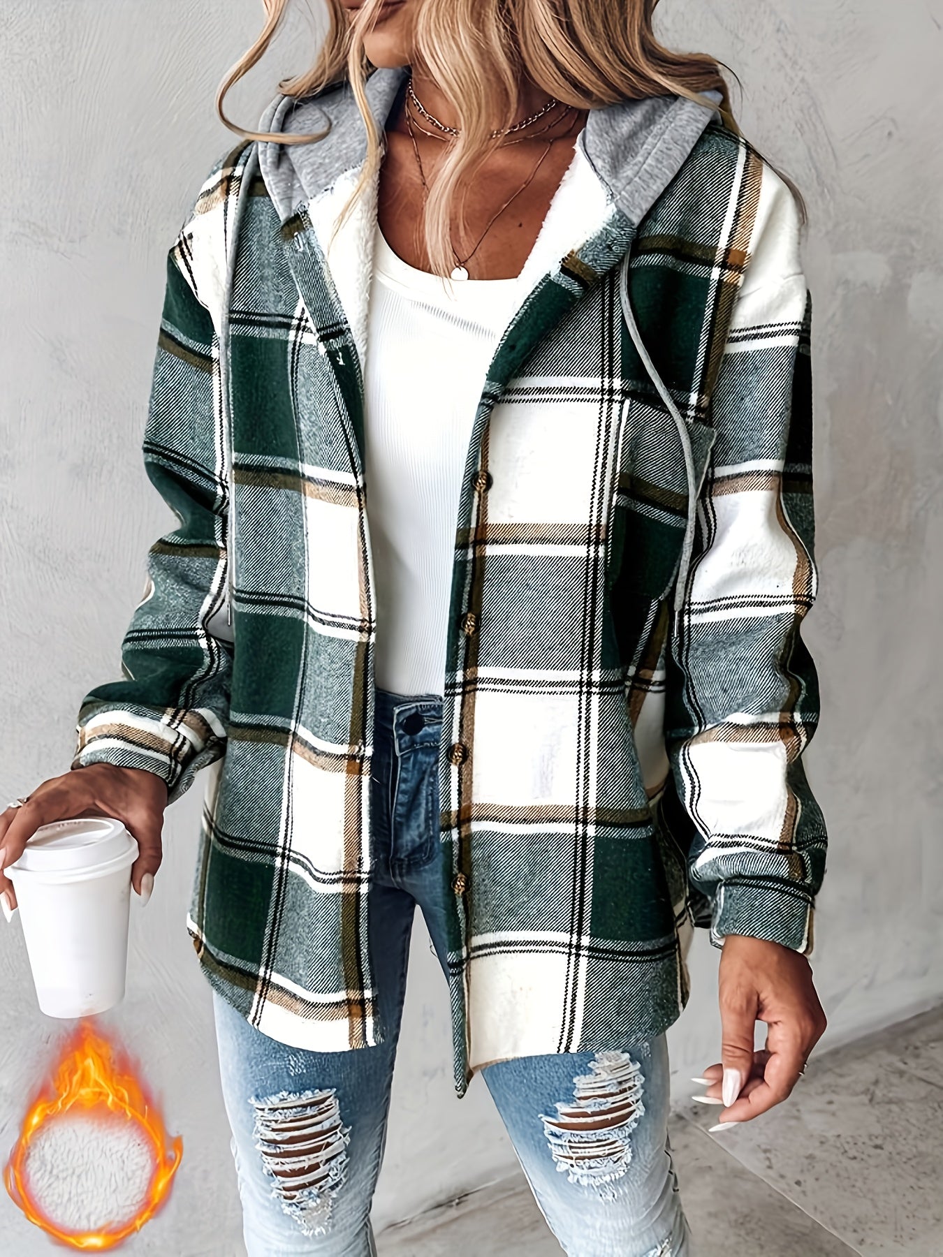 CHICME Plaid Hooded Jacket With Fleece Lining Cozy Winter Coat Machine Washable