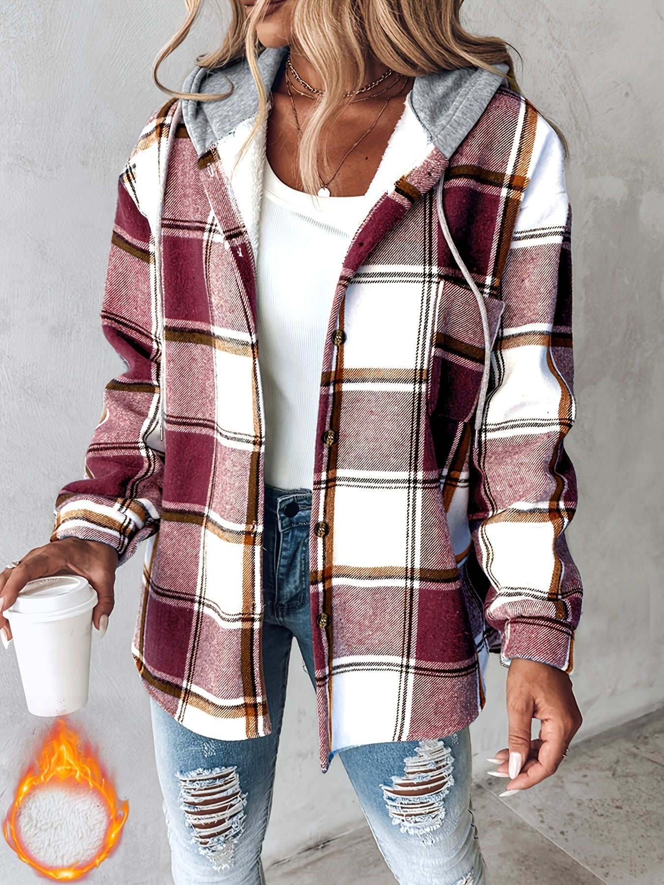 CHICME Plaid Hooded Jacket With Fleece Lining Cozy Winter Coat Machine Washable