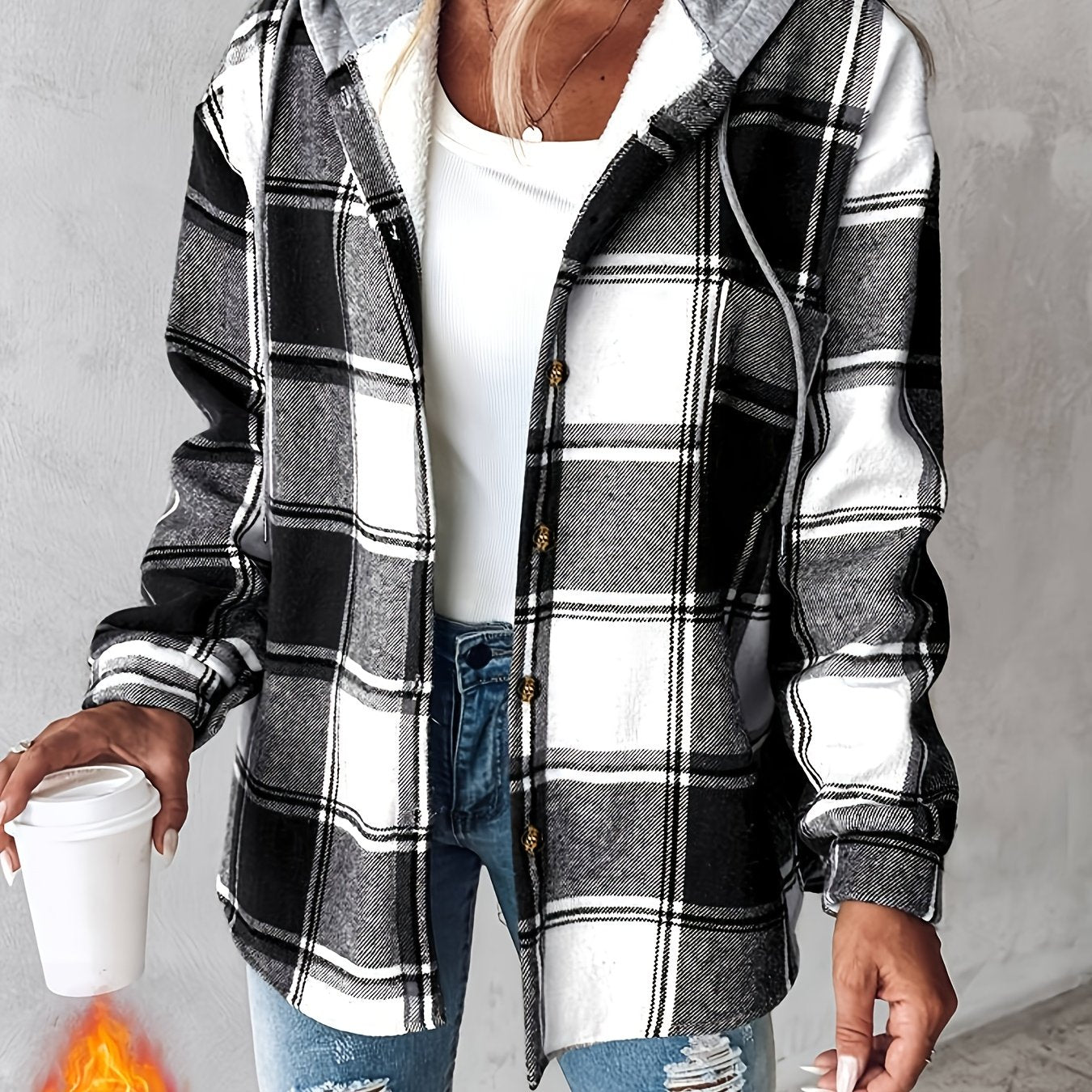 CHICME Plaid Hooded Jacket With Fleece Lining Cozy Winter Coat Machine Washable