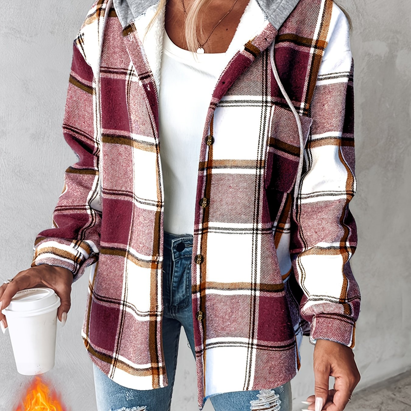 CHICME Plaid Hooded Jacket With Fleece Lining Cozy Winter Coat Machine Washable