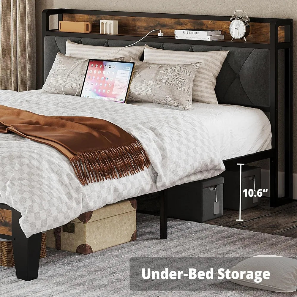 Storage Headboard Bed Frame With Outlets And Easy Assembly