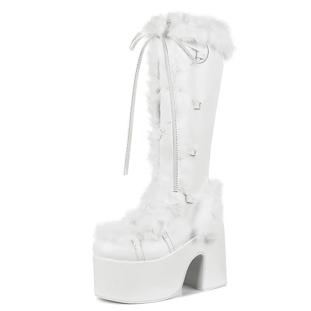 GIGIFOX Fur Super Chunky High Heel Platform Boots for Women