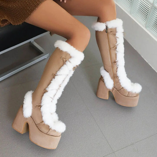 GIGIFOX Fur Super Chunky High Heel Platform Boots for Women
