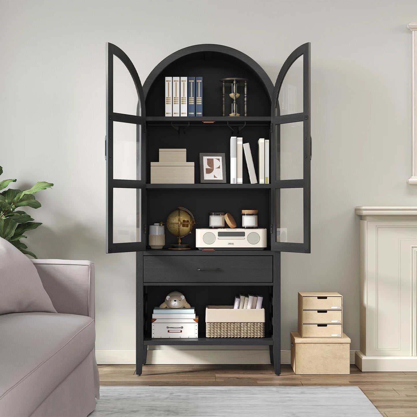 ONBRILL Wine Bar Cabinet Arched Storage With Doors Whiskey Station And Wine Rack Glass Holder