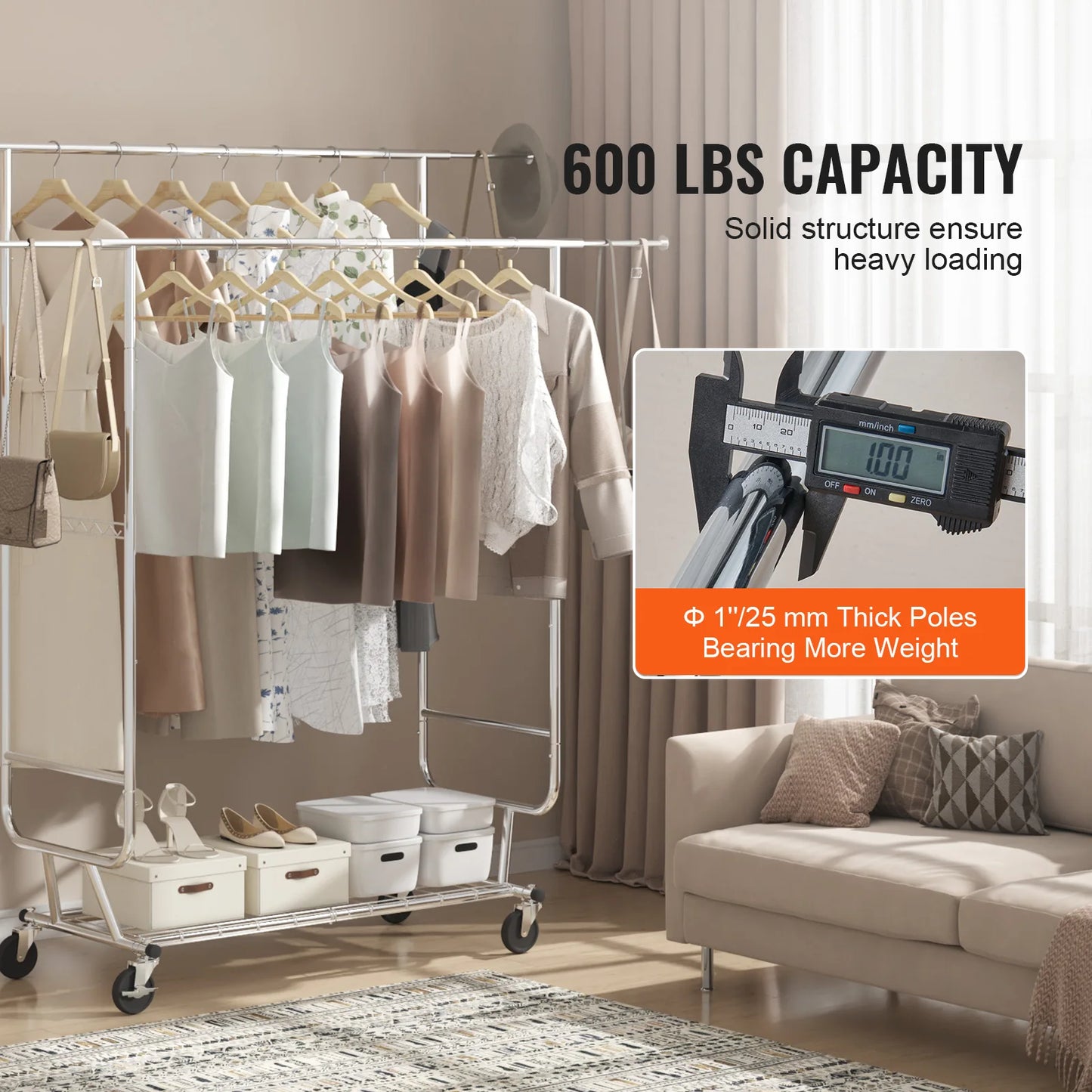 SucceBuy Heavy Duty Clothing Garment Rack With Adjustable Feature, Bottom Shelf And Wheels For Laundry Room