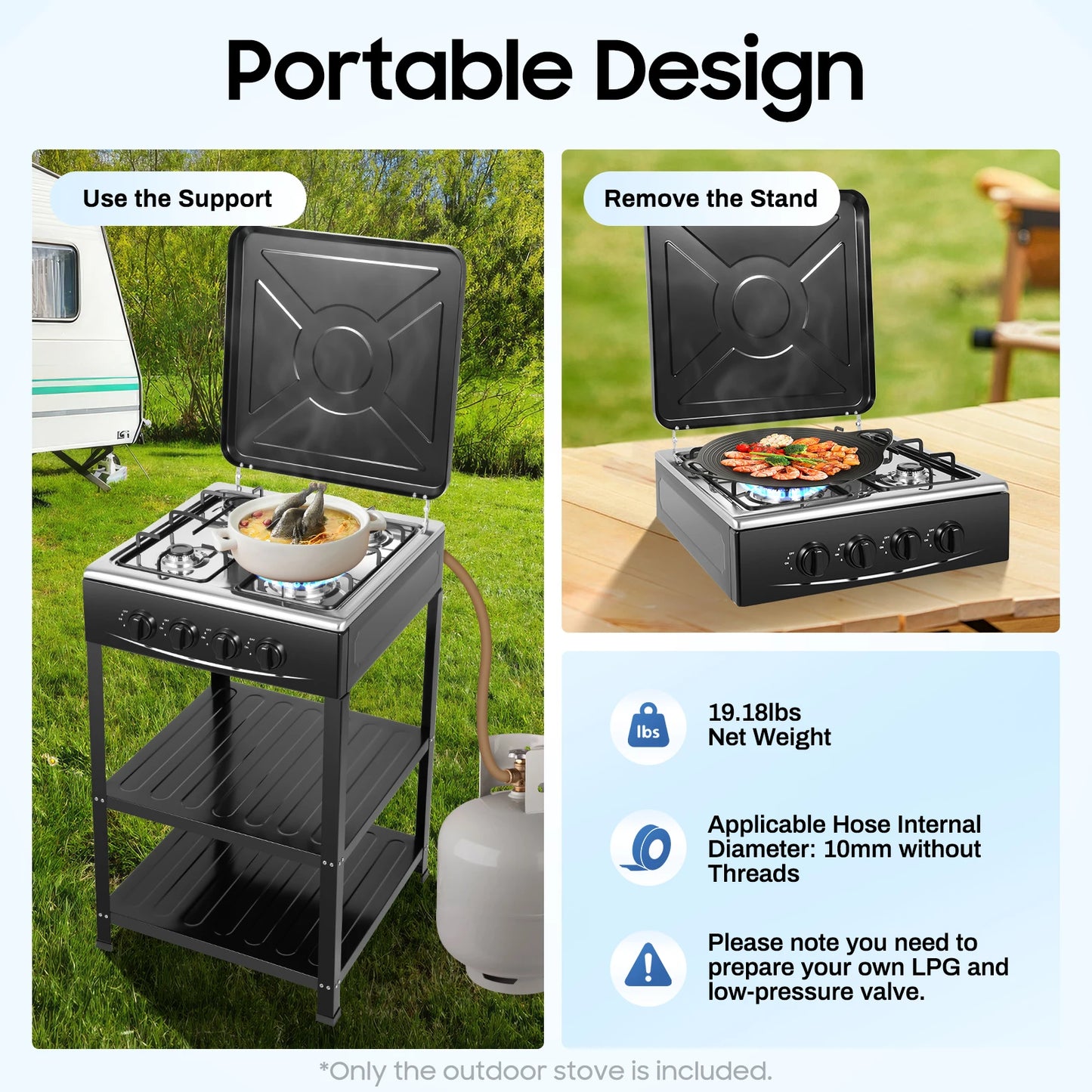Portable 4 Burner LPG Gas Stove With Wind Blocking Cover