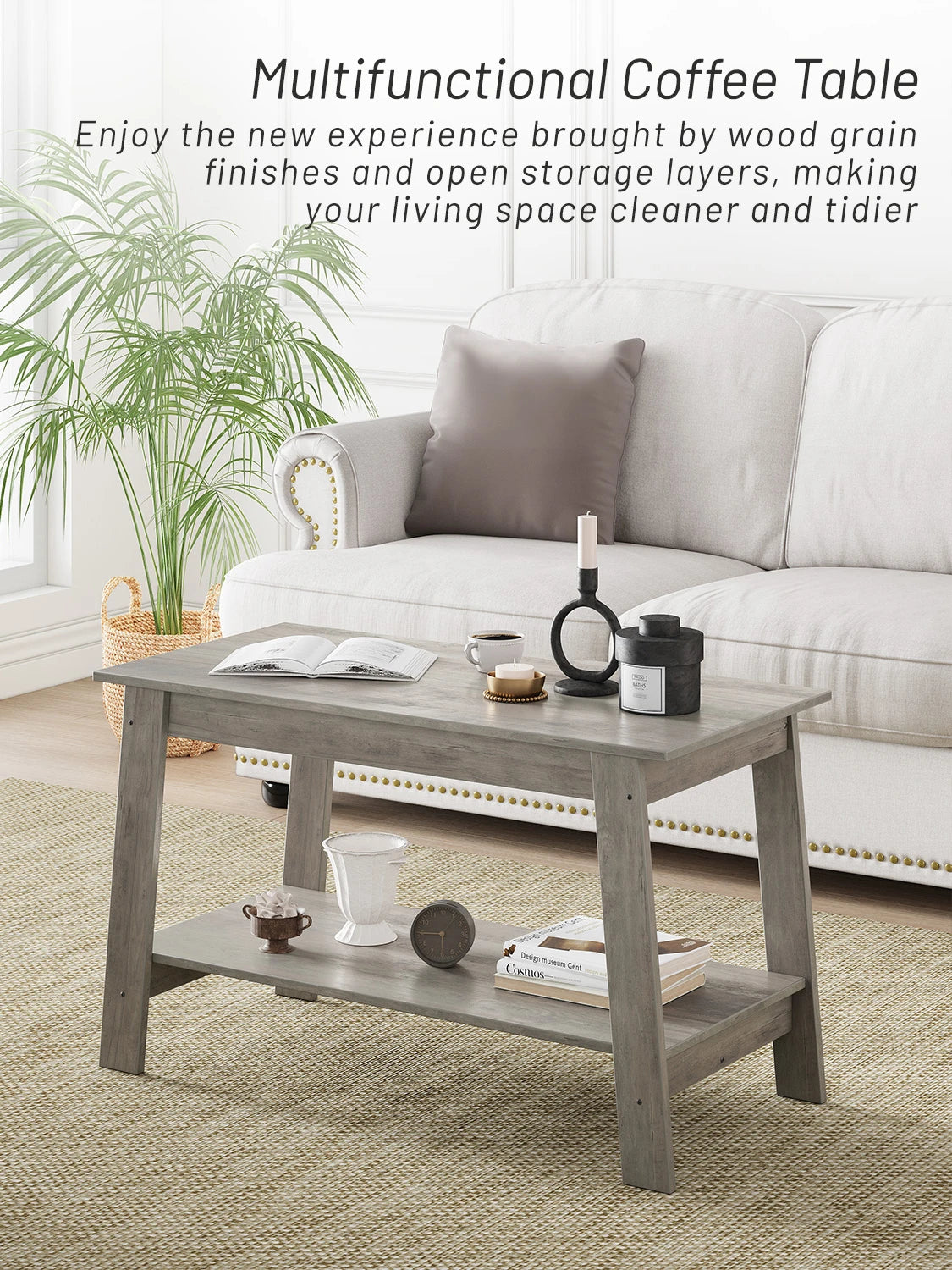 TWISTER.CK Rustic Farmhouse Wood Coffee Table With Storage Shelf