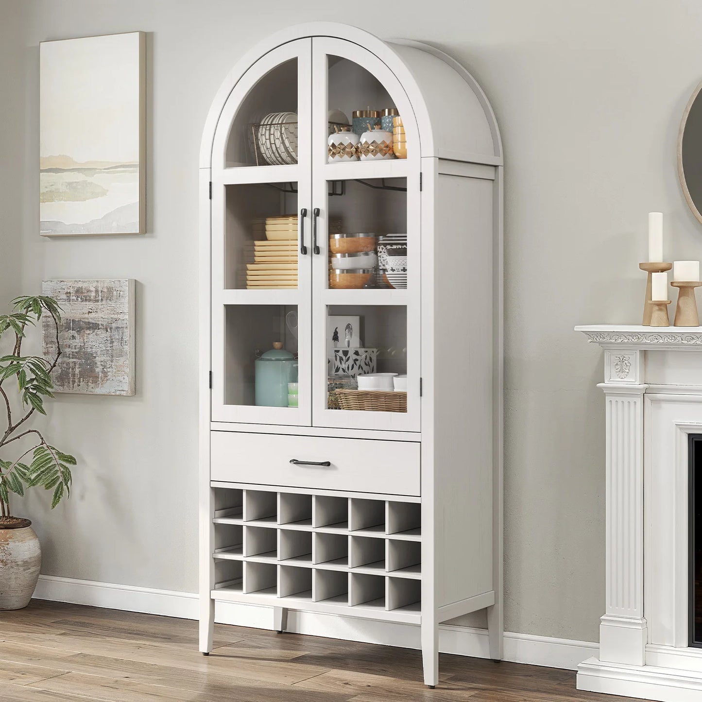 ONBRILL Wine Bar Cabinet Arched Storage With Doors Whiskey Station And Wine Rack Glass Holder