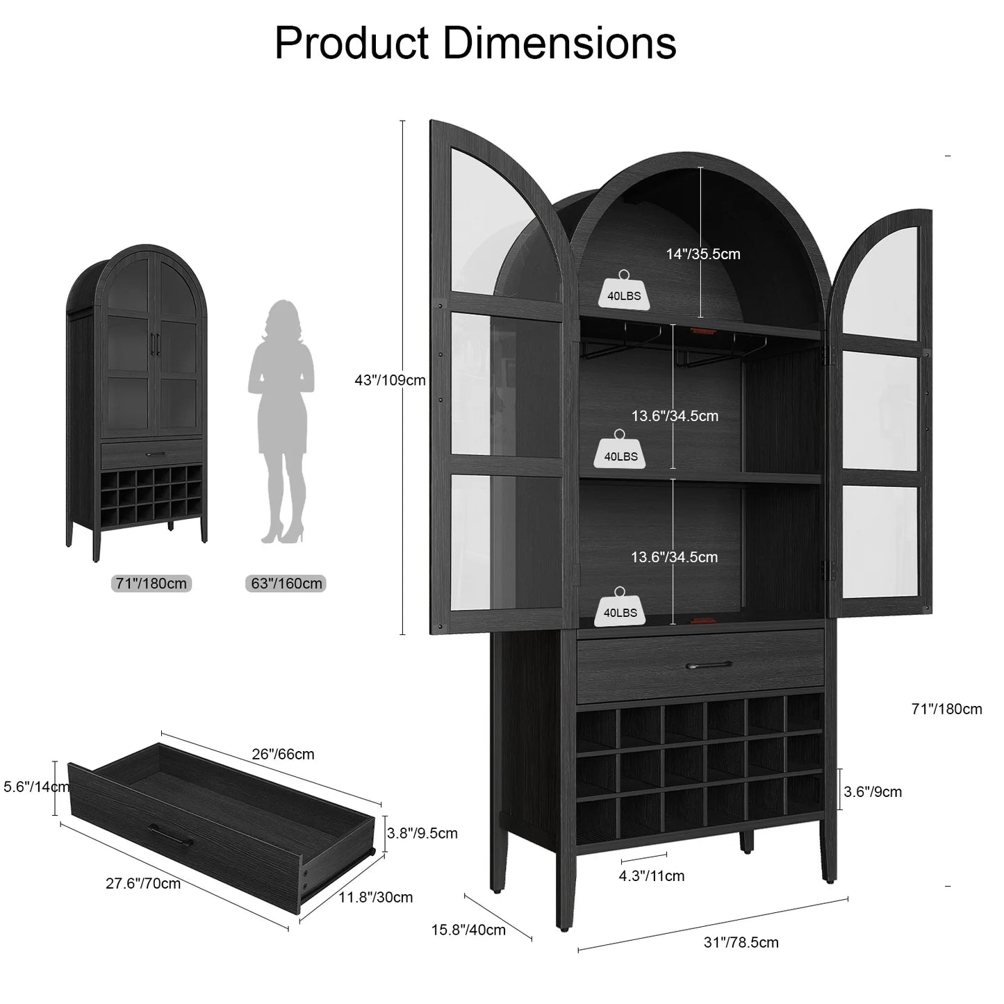 ONBRILL Wine Bar Cabinet Arched Storage With Doors Whiskey Station And Wine Rack Glass Holder