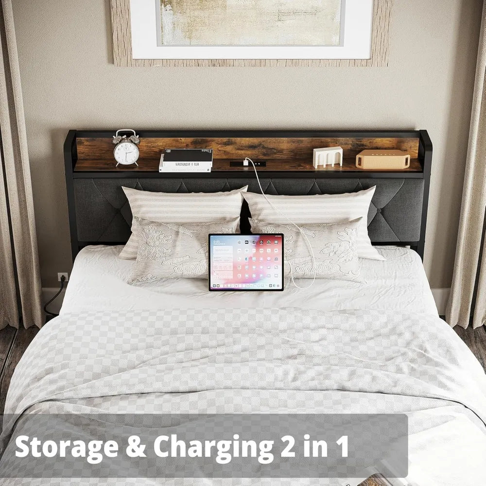 Storage Headboard Bed Frame With Outlets And Easy Assembly