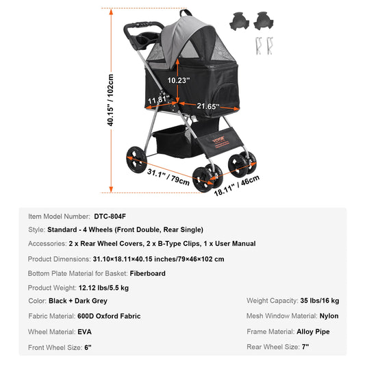 Pet Stroller Lightweight with Brakes Pet Pad for Dogs