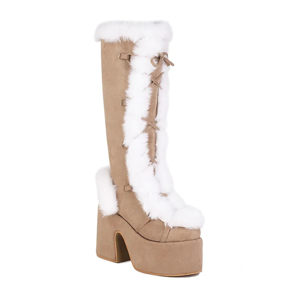 GIGIFOX Fur Super Chunky High Heel Platform Boots for Women