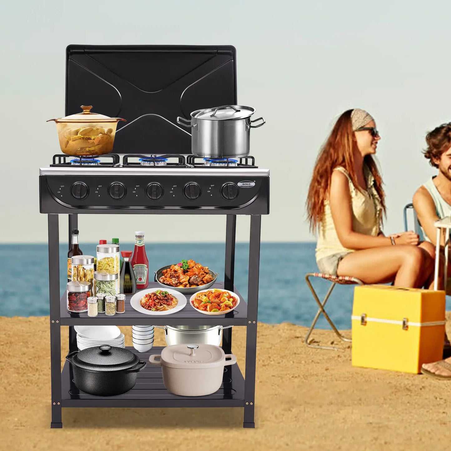 Five Burner Gas Stove Outdoor Camping Grill With Storage Rack